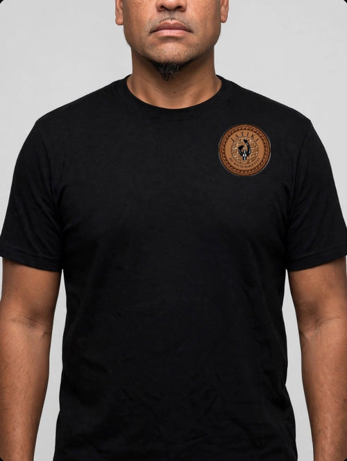 Big Mouth Marquesan T-Shirt — front chest badge, modelled by Jatiki